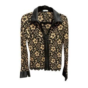 Cache Womens Lace & Mesh Floral Black & Tan Zipper Front Blouse Size Small